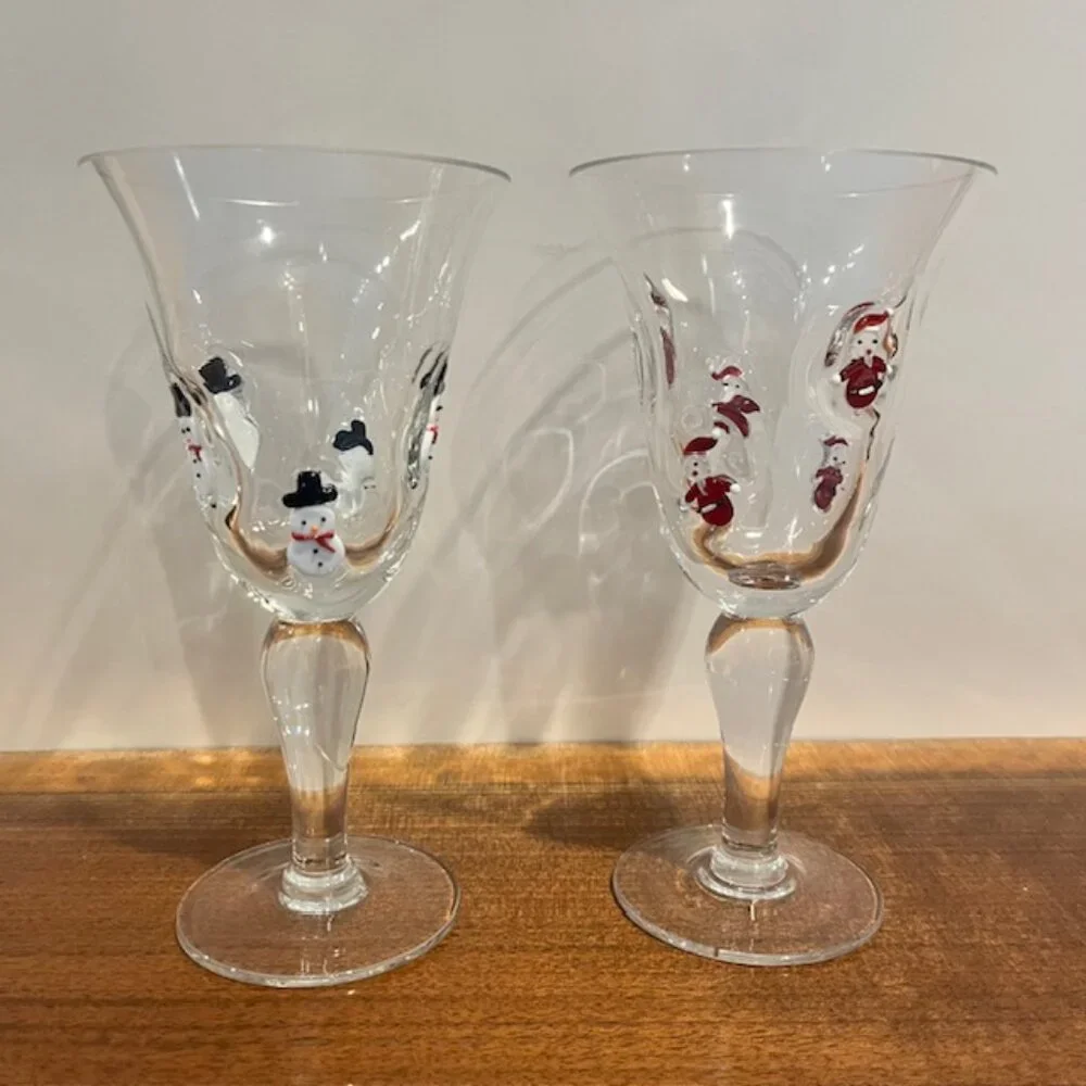 Set of (2) Crate & Barrel 8oz Blown Glass Fused Snowmen Santa Wine Goblet Glass